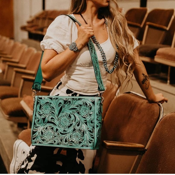 Turquoise Green Leather Floral Tote - Picture 5 of 6